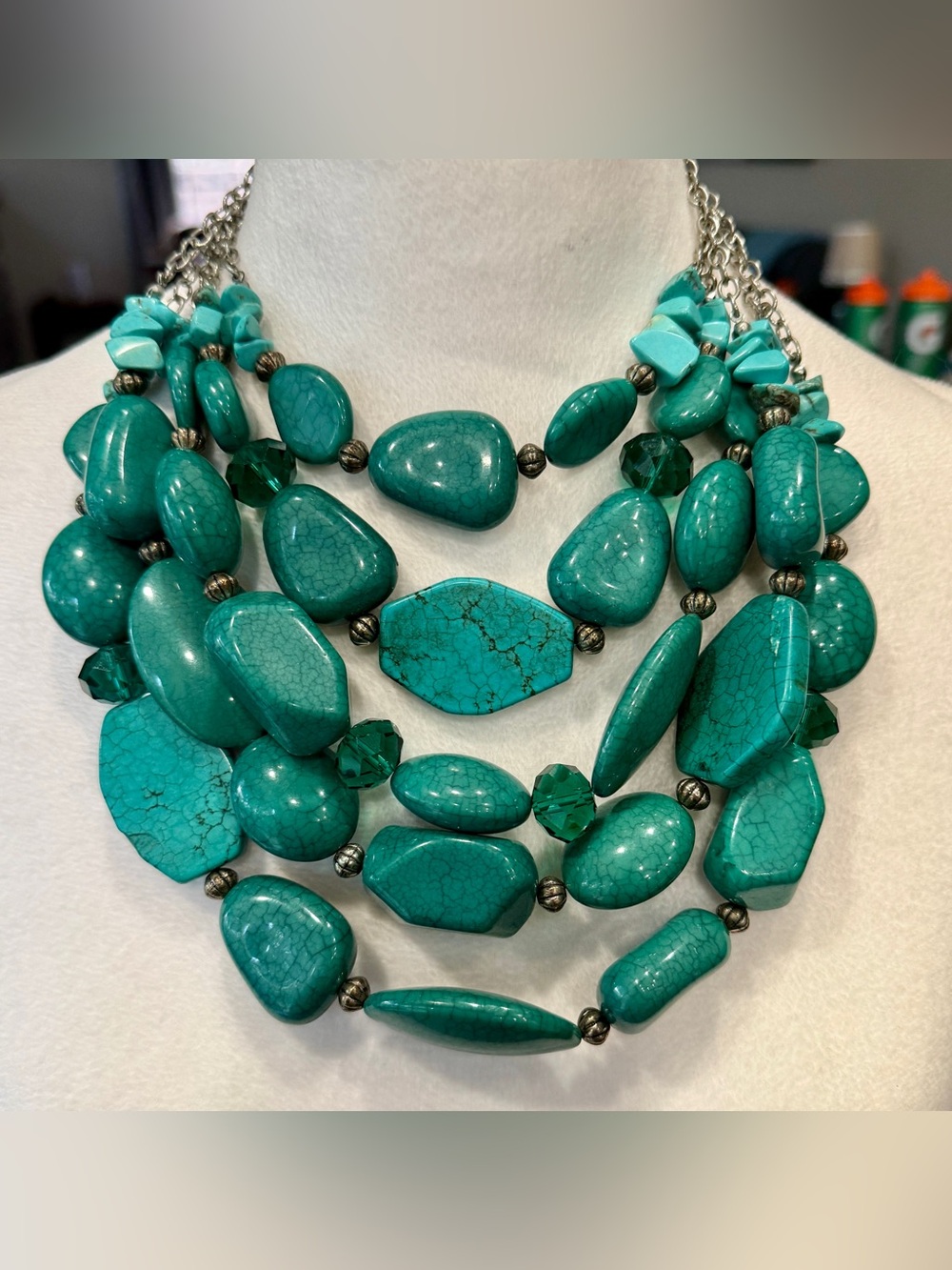 Multi Strand Layered Faux Turquoise Beaded Stone Statement Necklace Southwest - Picture 3 of 16